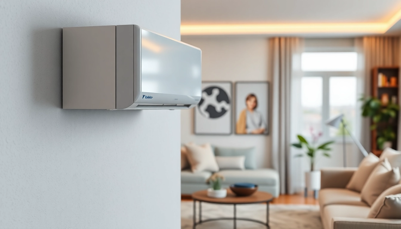 Installing a Daikin mini split AC in a modern living room setting with sleek decor.