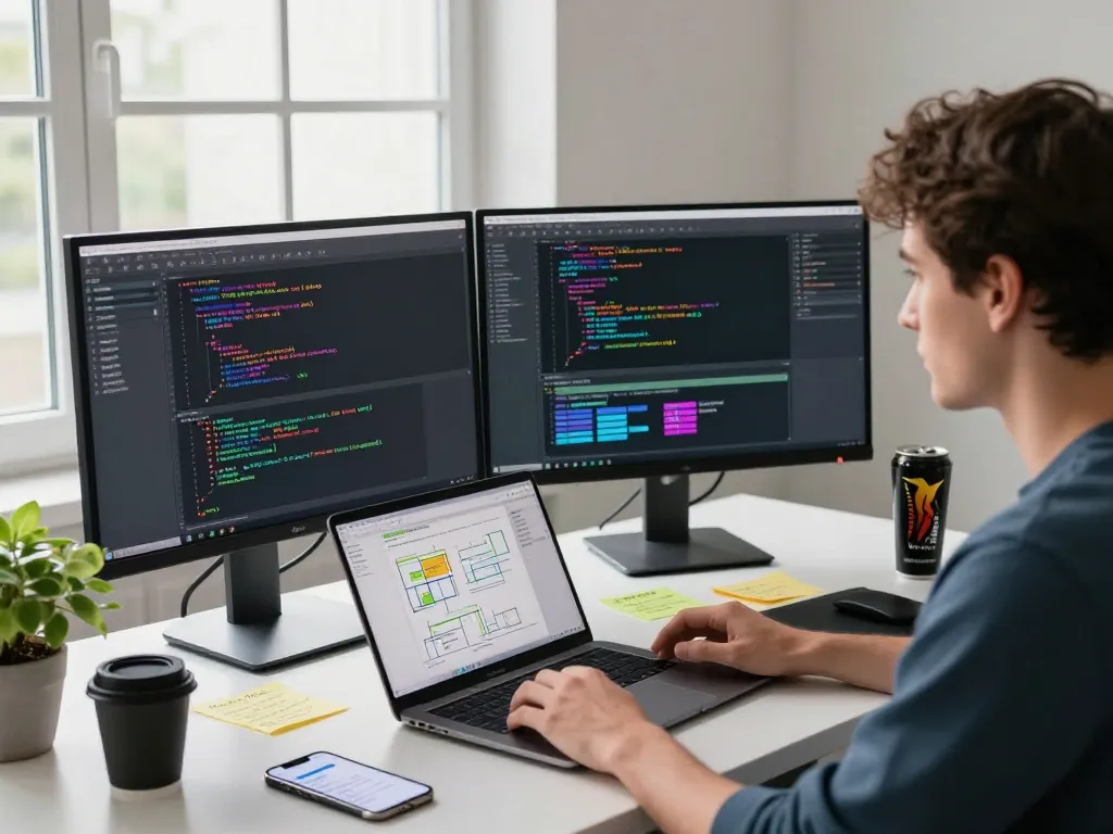 Molt bot developer coding enthusiastically in a modern tech workspace surrounded by monitors and coffee.