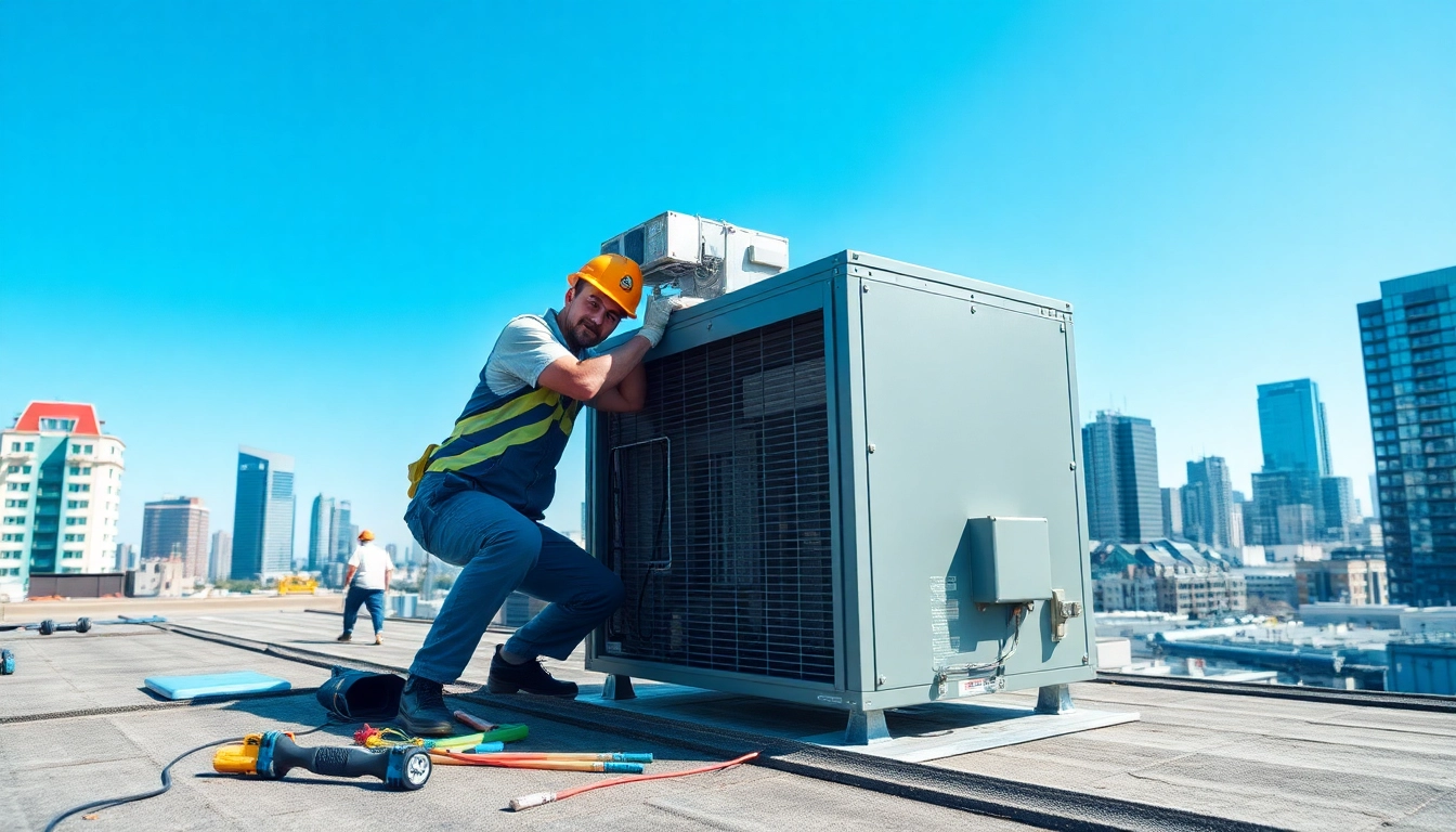 Technician performing maintenance on commercial HVAC system in urban environment.