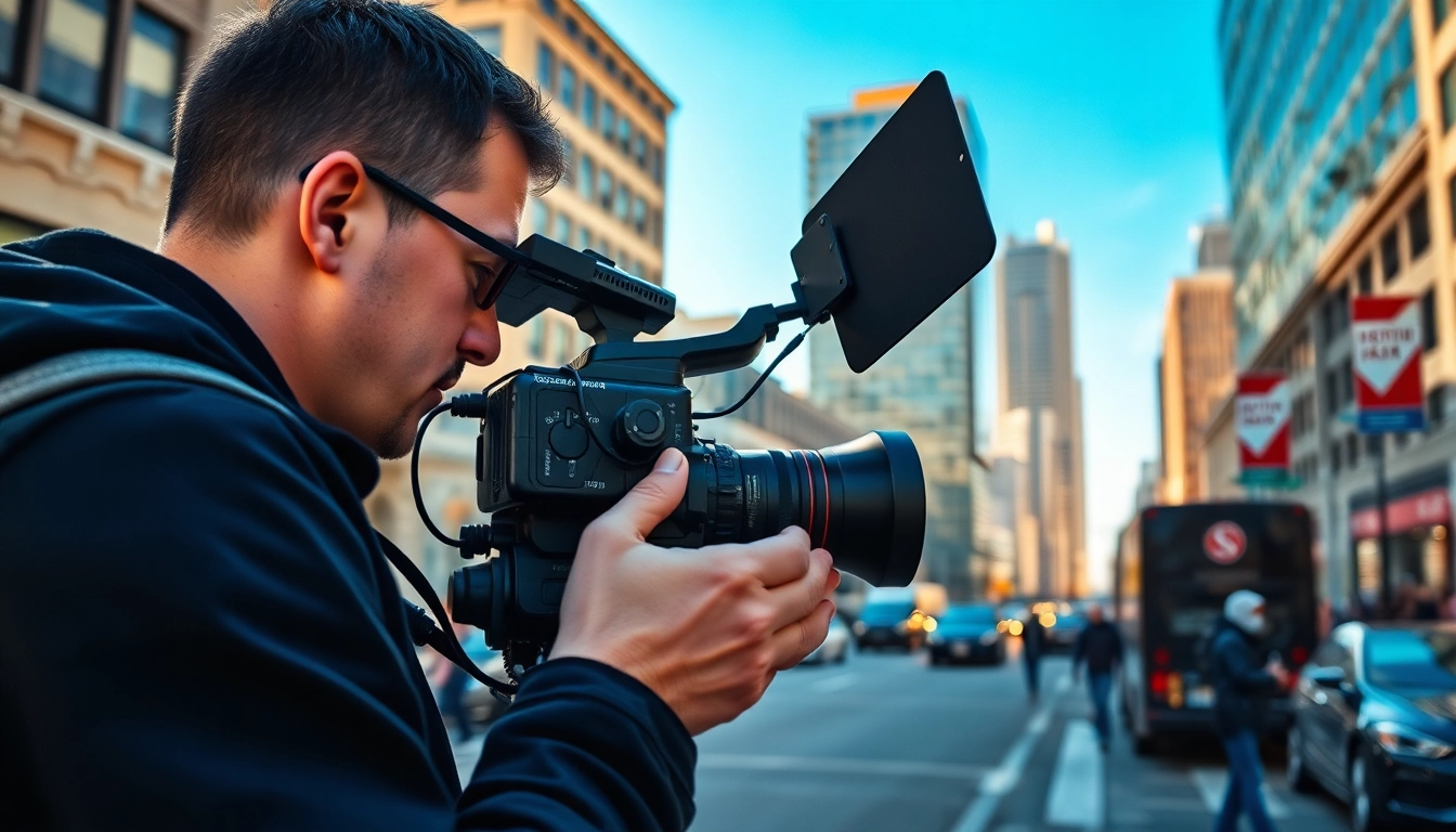 Edmonton videographer capturing vibrant city life with a professional camera in action.