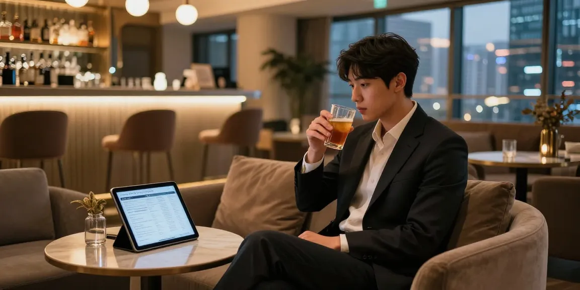 강남 멀리건의 아늑하고 현대적인 라운지 내부, 편안한 분위기에서 음료를 즐기는 손님의 모습