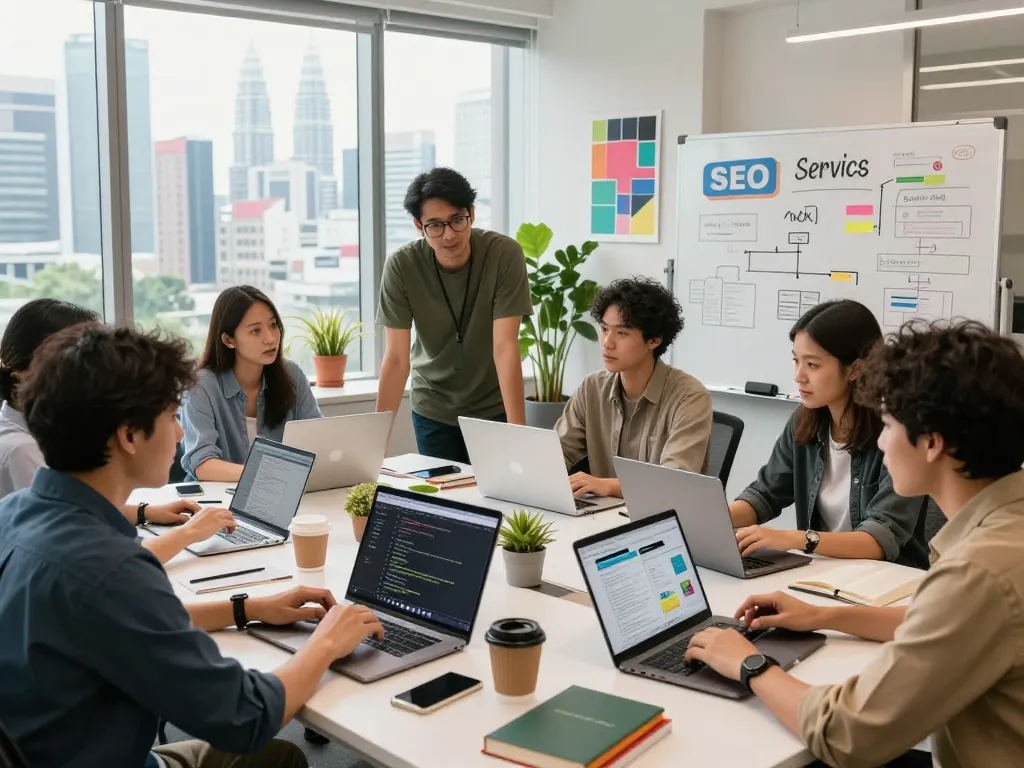 Team collaborating on innovative seo services kuala lumpur in a dynamic office.
