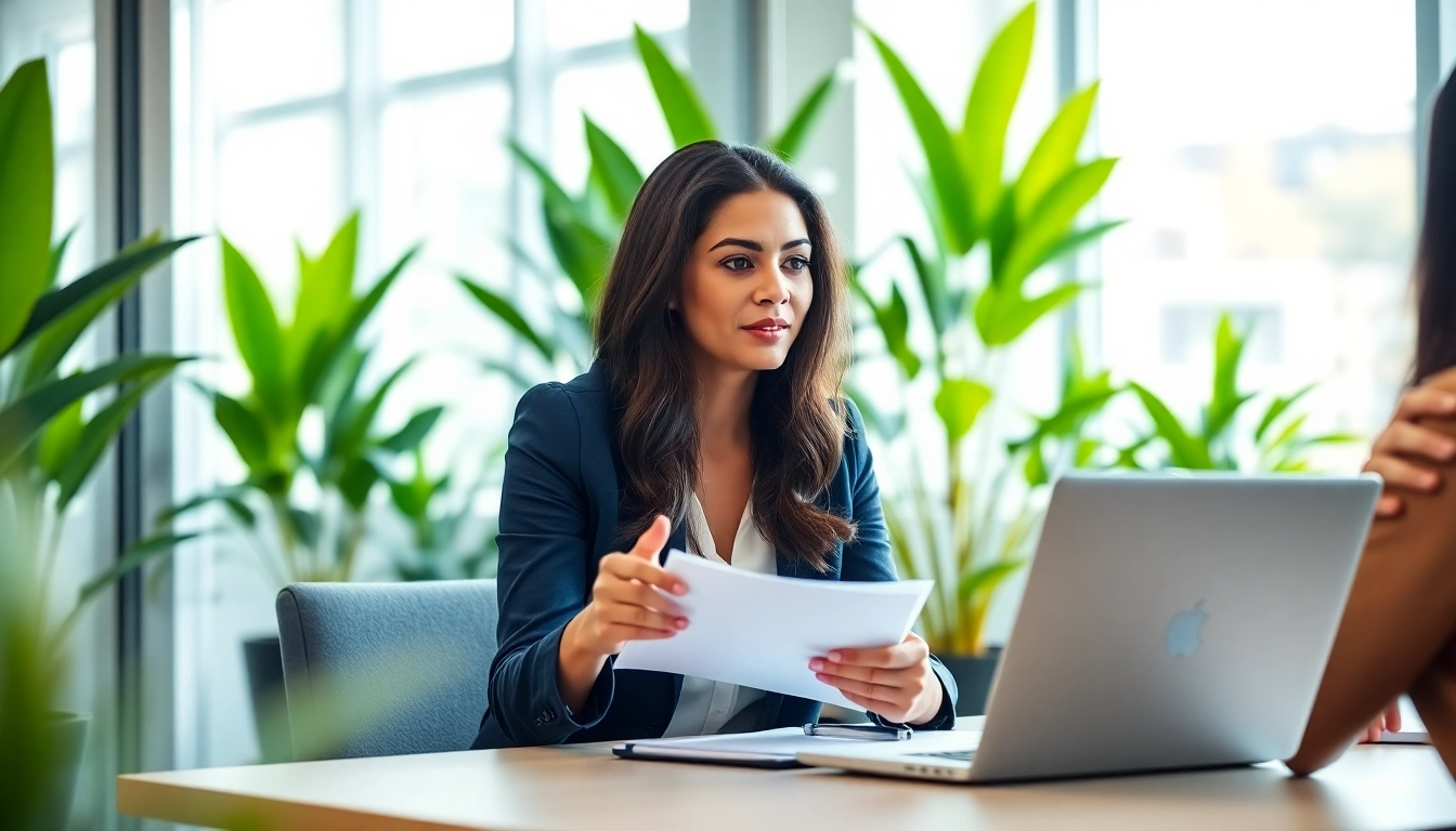 Career coaching session showing a woman helping diverse clients achieve their goals in a modern office.