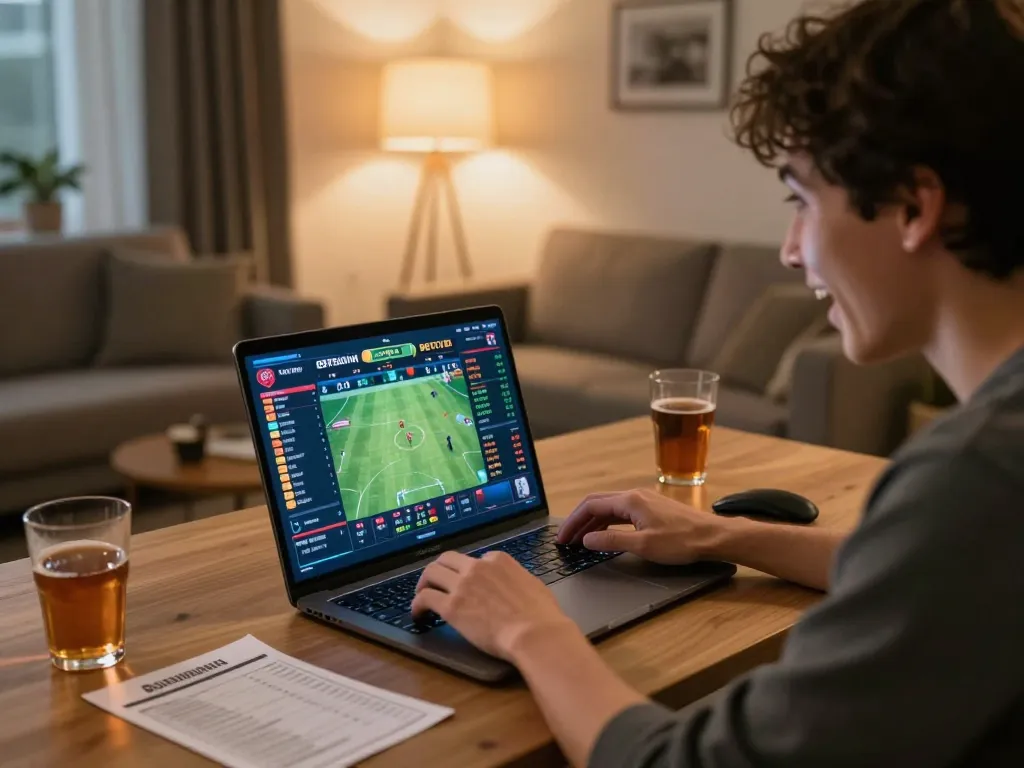 Engaging with the nhà cái 8xbet sports betting platform from a cozy home setup, placing bets and analyzing odds.