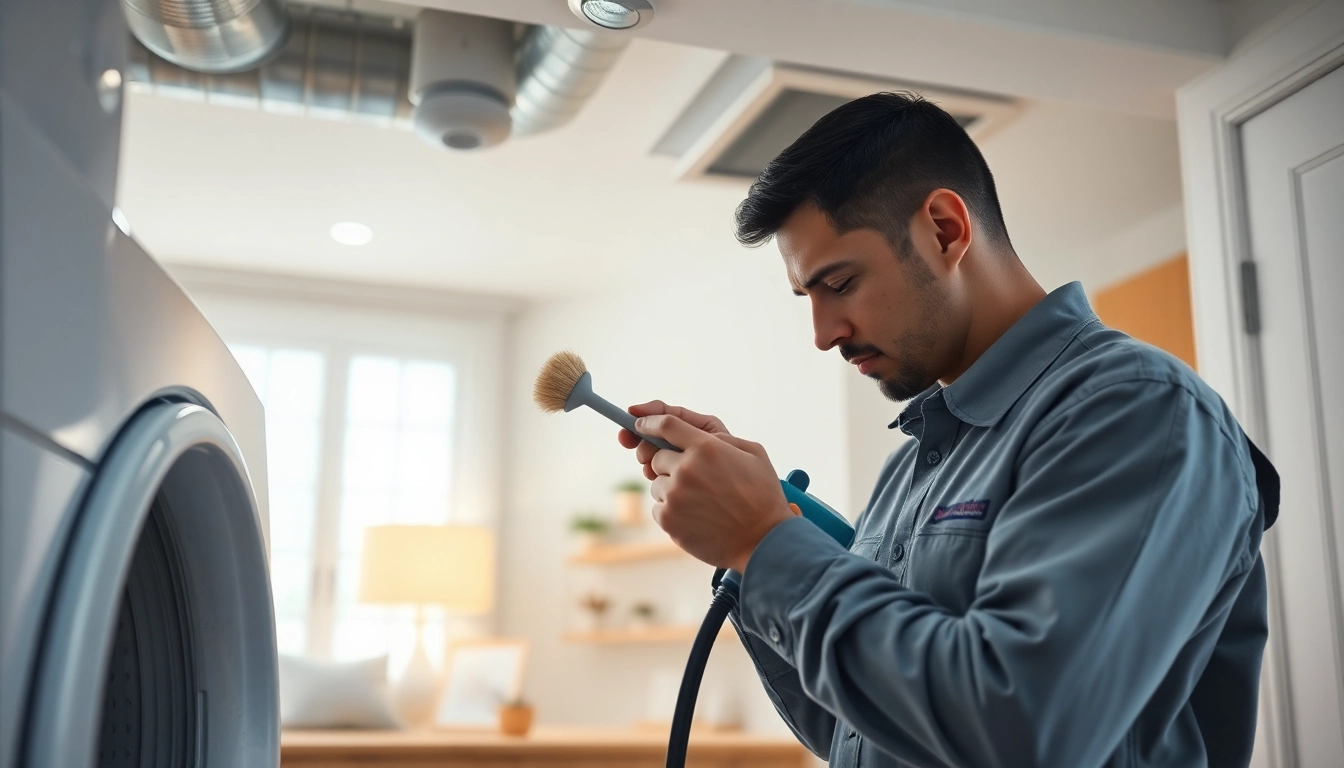 Professional technician conducting dryer vent cleaning to enhance home safety.