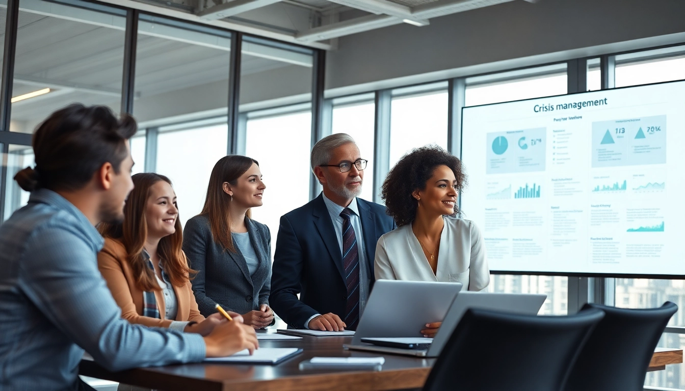 Crisis management consultant leading a strategic team meeting in a modern office.