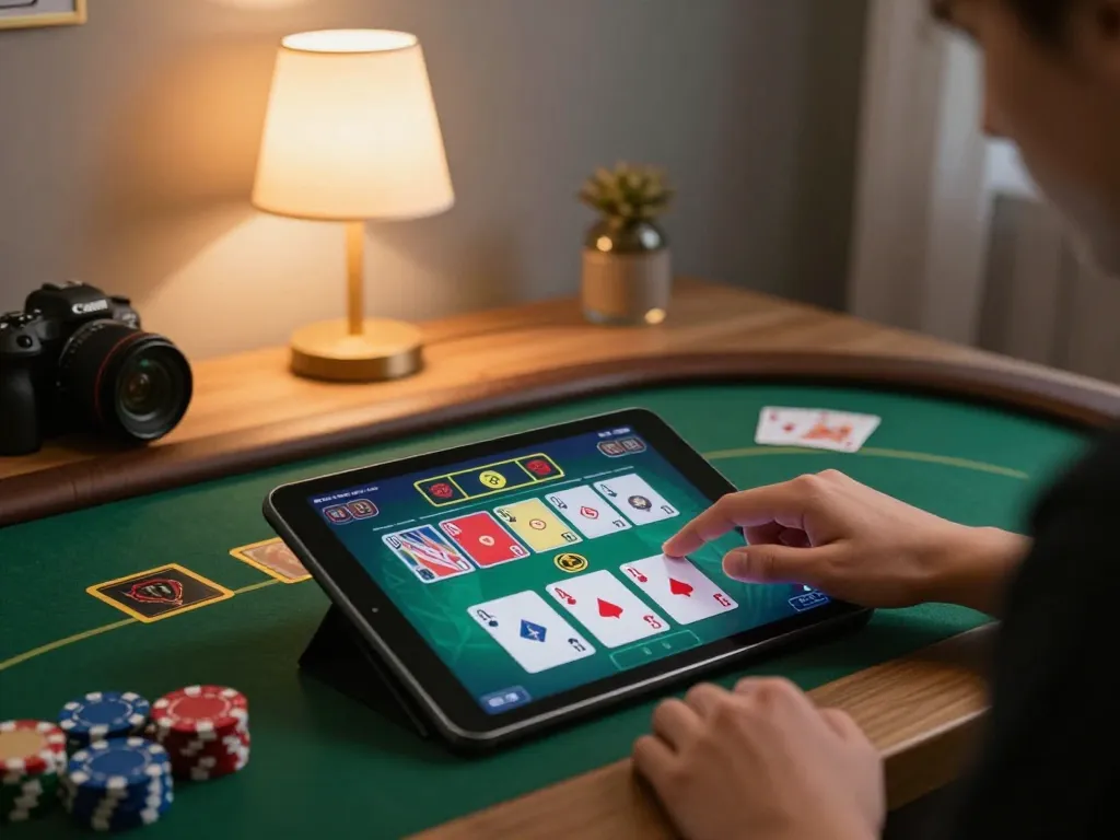 Player engaging in strategic gameplay on SC88 casino app tablet, showcasing live poker game interface.