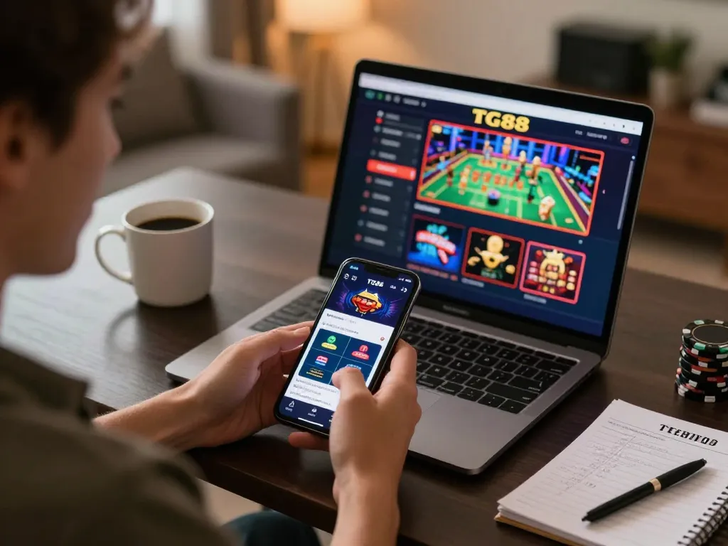 TG88 online casino user engaging with app on smartphone, showcasing responsible gaming setup