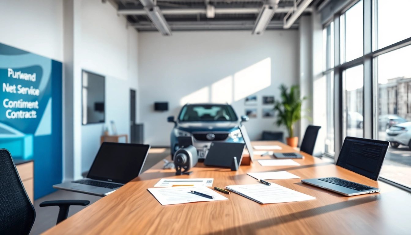 vehicle service contract provider discussing options in a modern office with digital resources