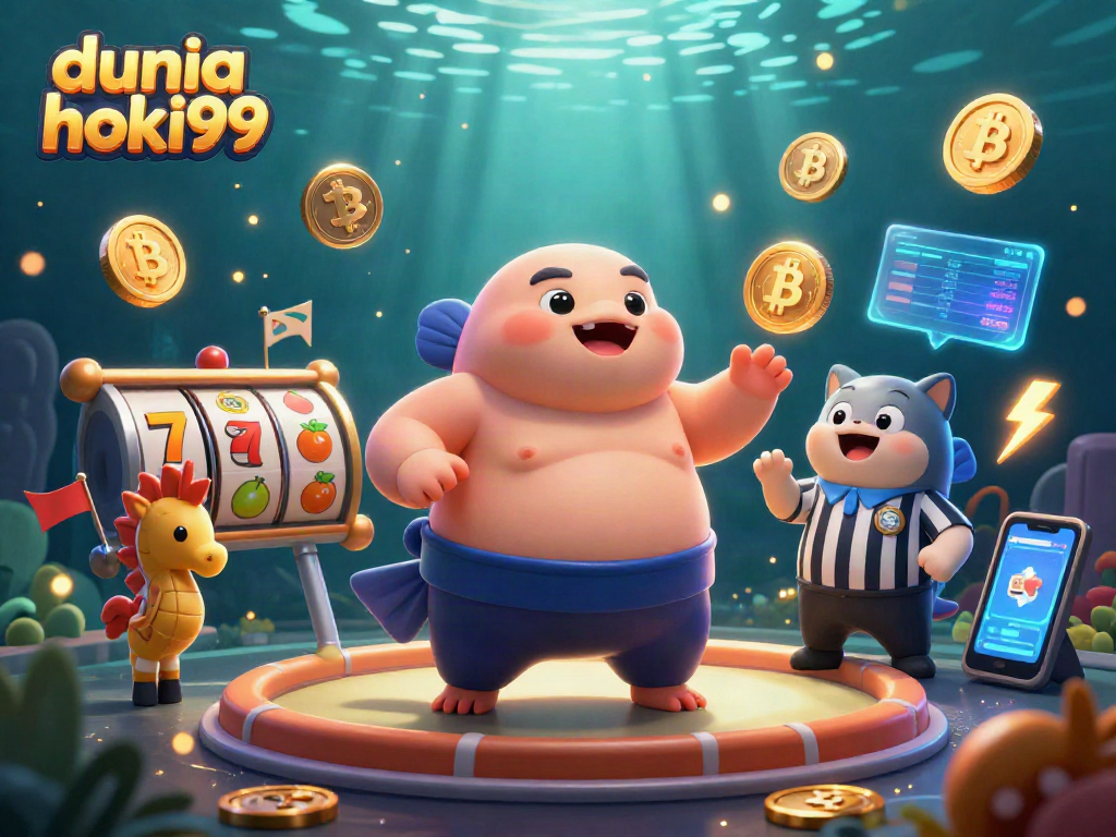 Menggambar dunia hoki99 di kasino dengan ikan fugu, wasit ikan lele, dan simbol slot bertaburan.