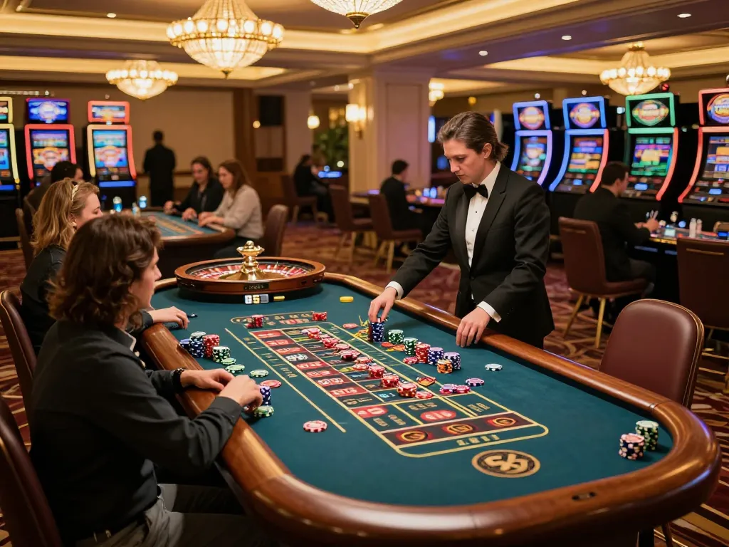 Players engaging at the roulette table in a luxurious casino, highlighting the excitement of 56WIN.