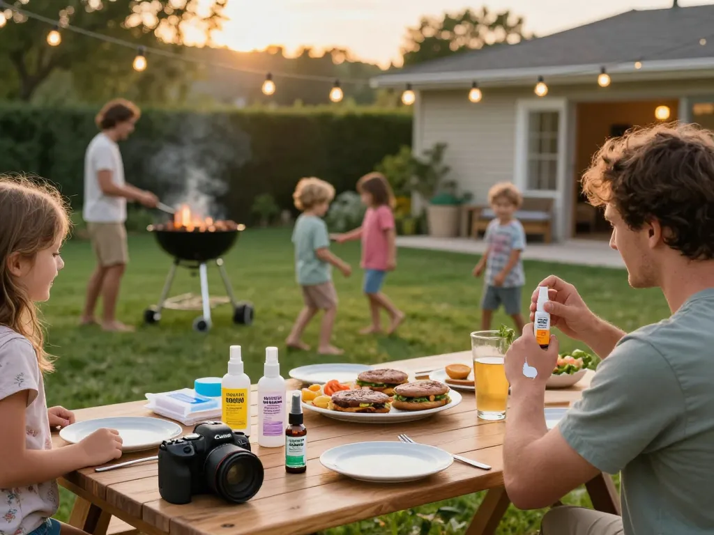 Enjoying a summer barbecue while applying the best mosquito repellent to ensure a bite-free evening with friends and family.