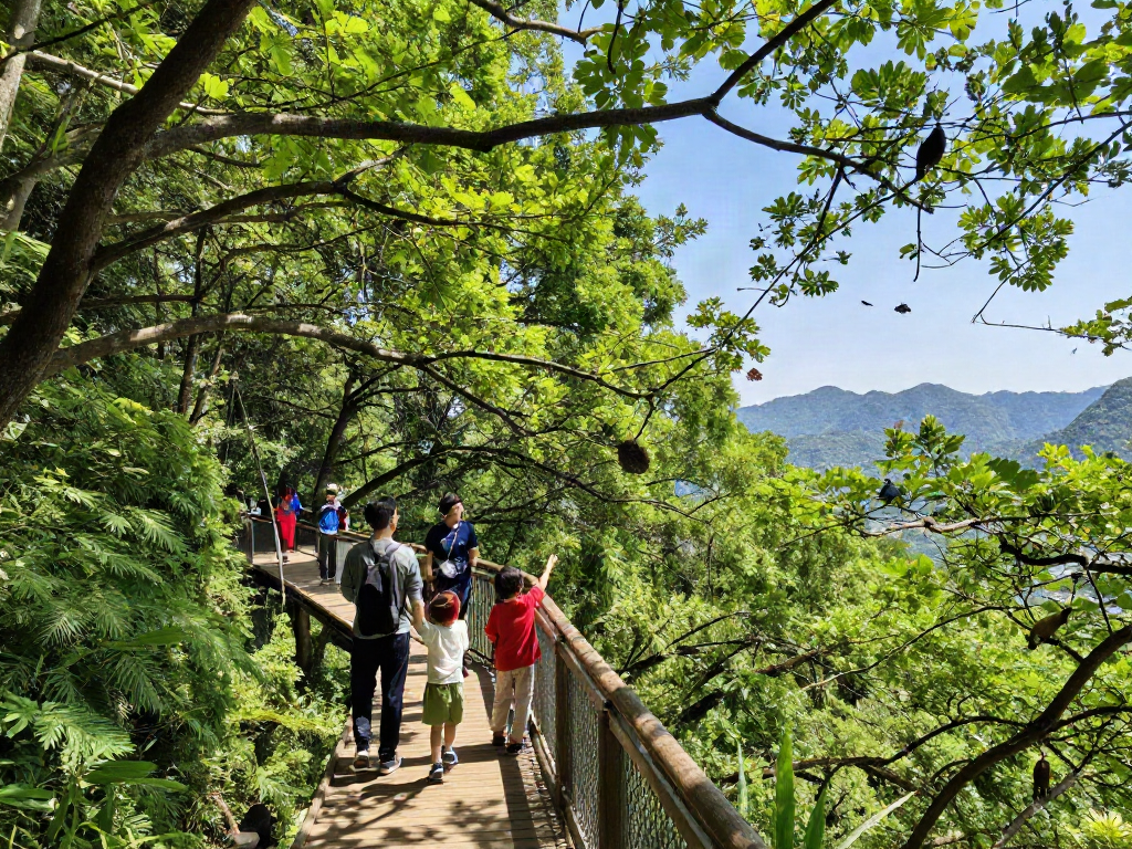 Treetop Walkway with family enjoying nature, trees, and wildlife above the forest floor.