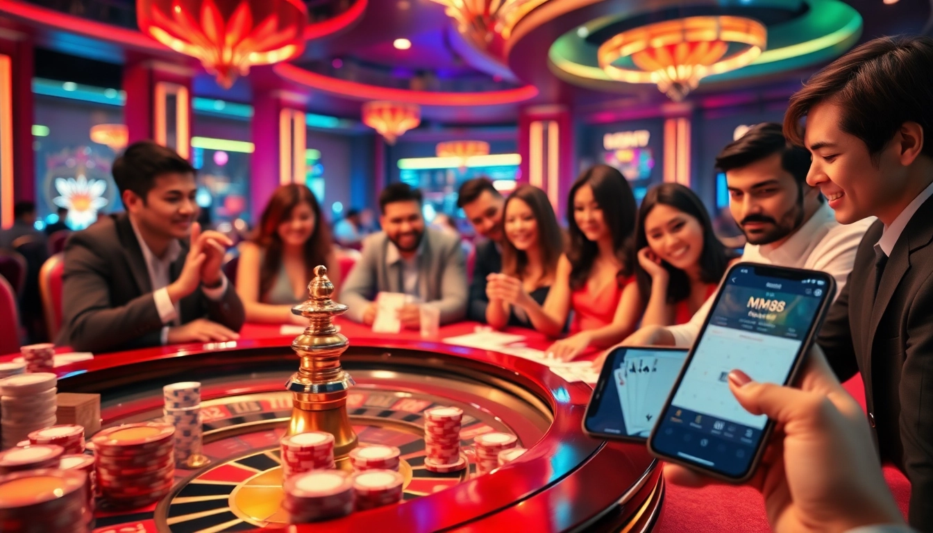 Engage in thrilling casino action at MM88 with a vibrant roulette wheel and keen players in an opulent online gambling setting.