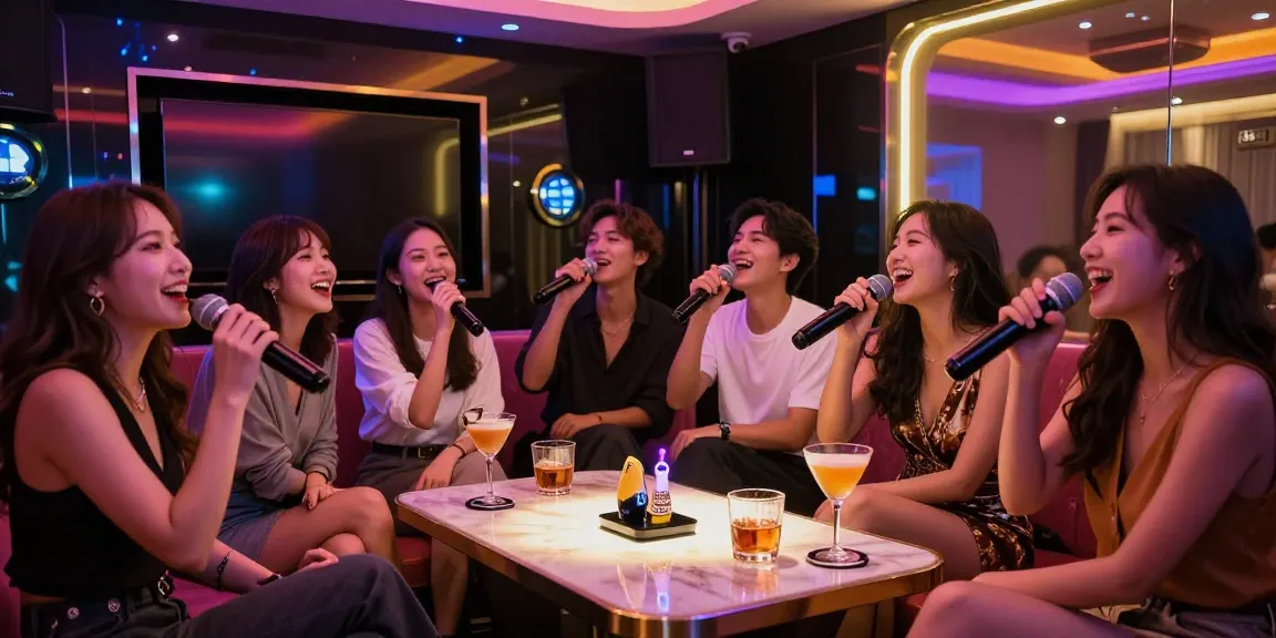 강남 가라오케에서 친구들과 함께 즐거운 시간 보내는 모습, 고급 음향시설과 화려한 조명으로 가득한 분위기.