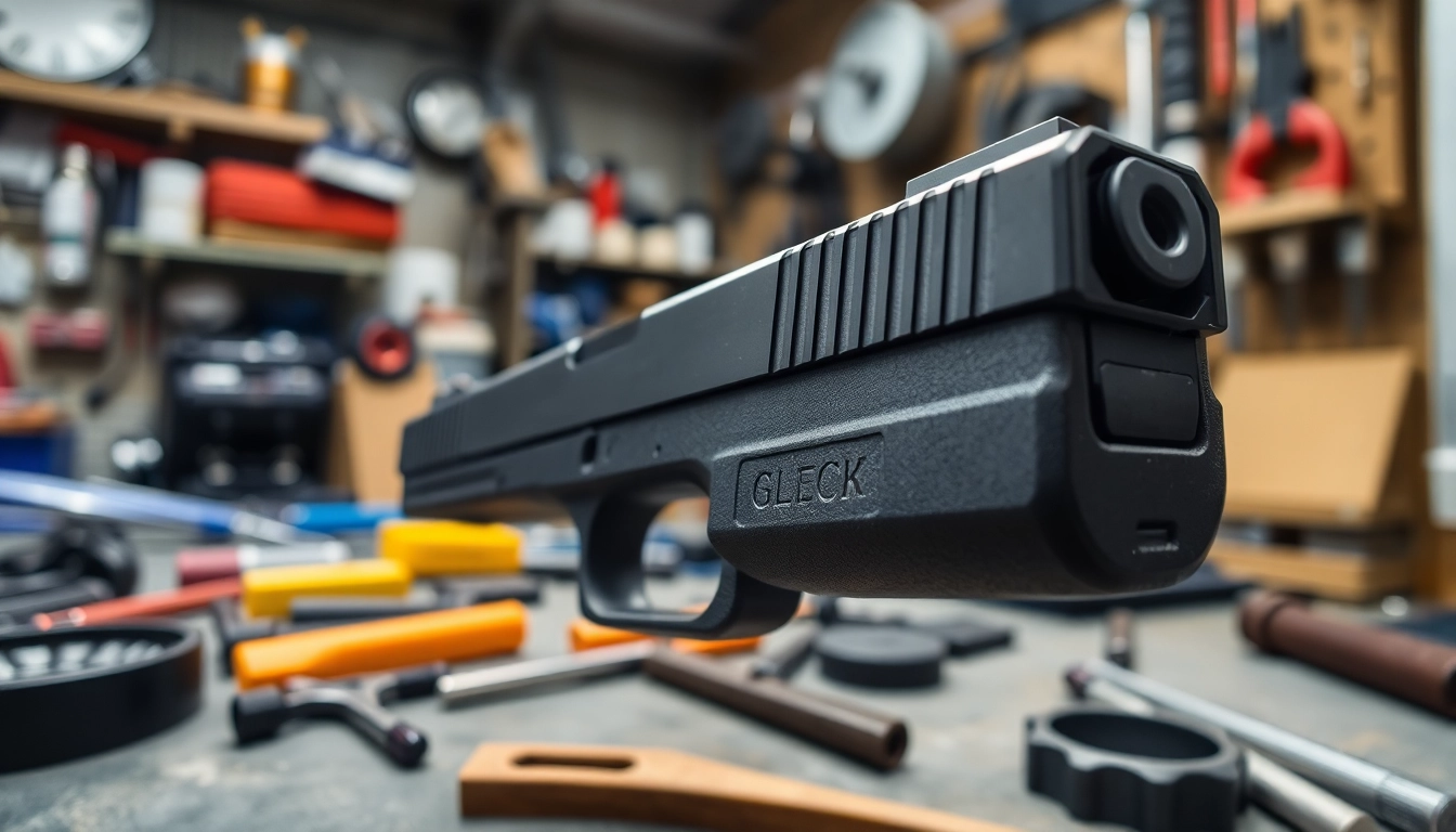 Examine the Glock 19 slide MOS, featuring detailed cutouts and metallic finish in a tool-filled workspace.