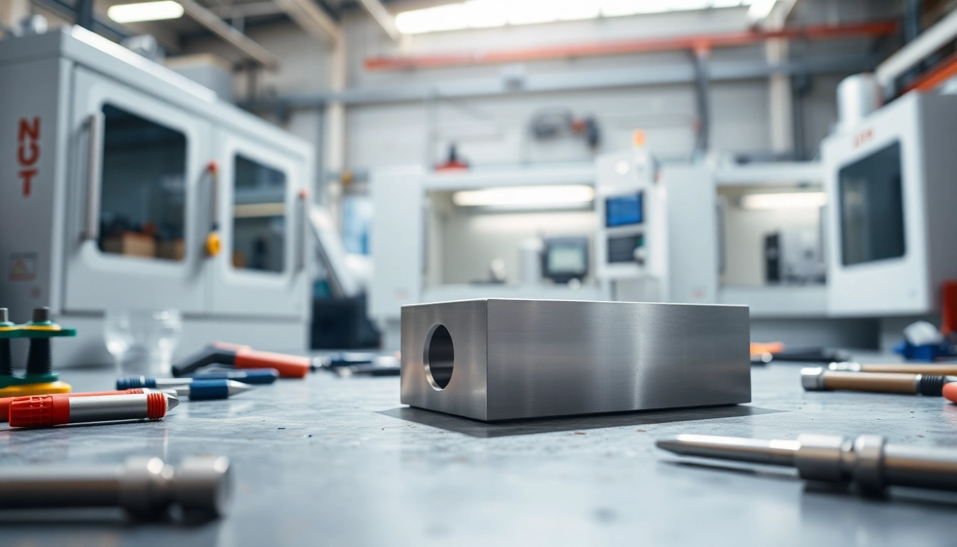 Showcasing aluminum prototypes on a workbench with advanced machining tools in a vibrant manufacturing setting.