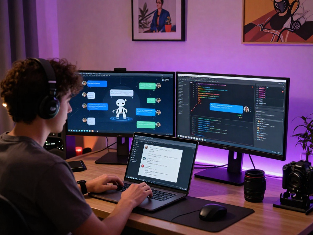 User engaging with an nsfw chat bot on a laptop in a modern tech workspace.
