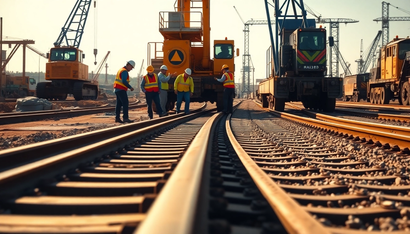 Railroad Construction team aligning steel tracks on-site, showcasing precision and teamwork under bright sunlight.