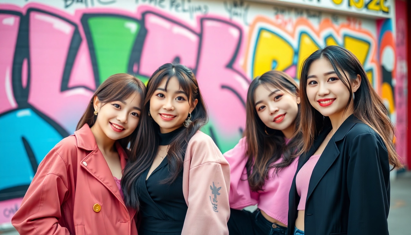 blackpink members posing confidently in an urban setting with vibrant graffiti