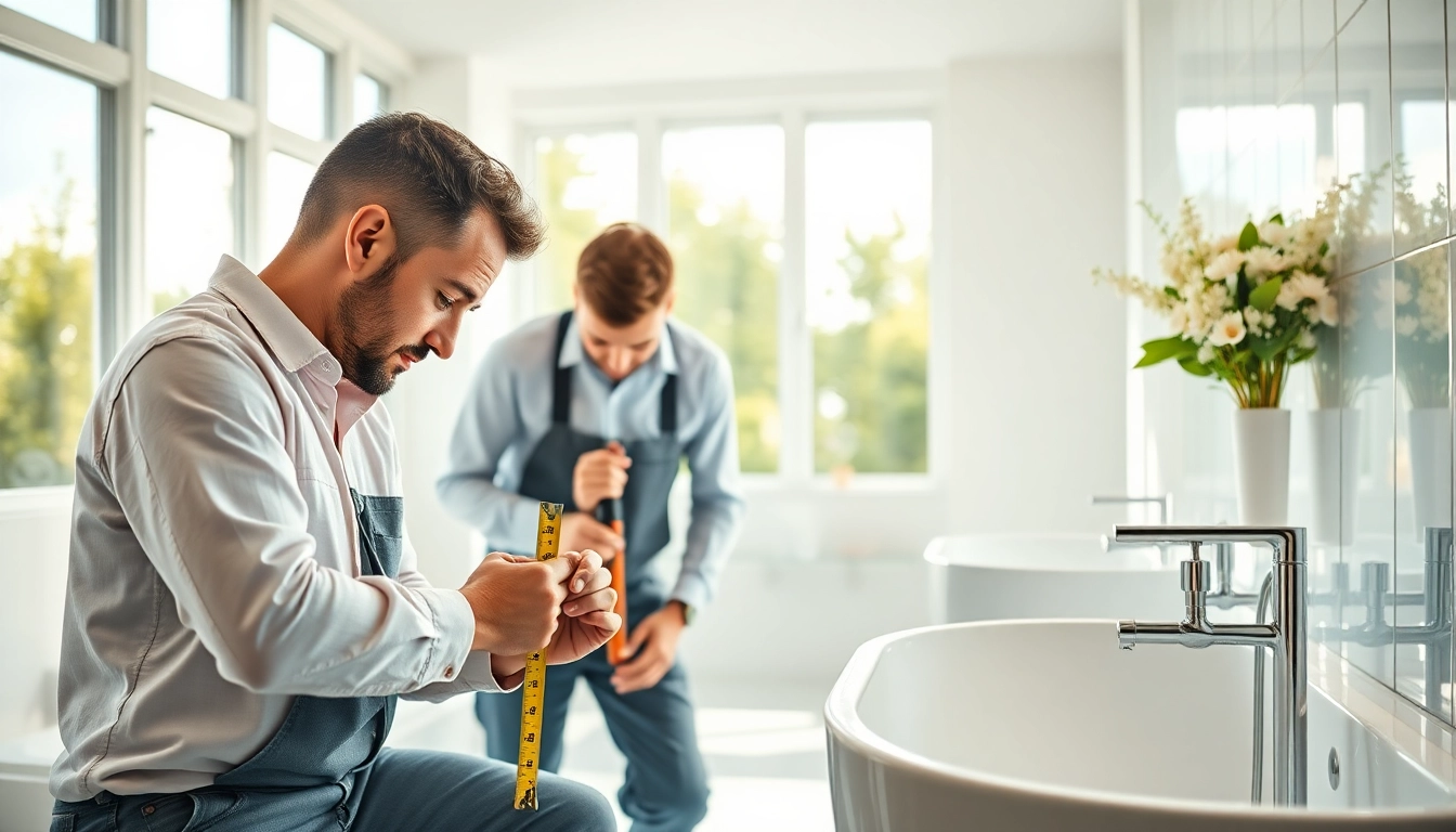 Technicians from sonni sanitär GmbH installing fixtures in a stylish bathroom.