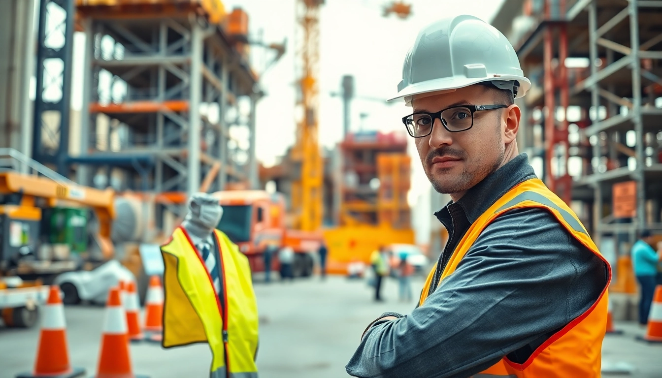 Ensure construction site safety with a focused worker checking equipment and protocols in a busy site.