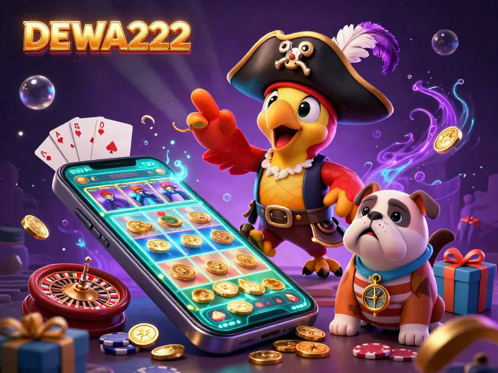 Engage with DEWA222’s immersive slot experience showcased through a vibrant 3D illustration with Golden coins, cards, and rich pirate themes.