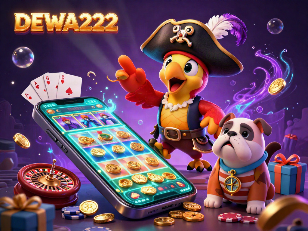 Engage with DEWA222’s immersive slot experience showcased through a vibrant 3D illustration with Golden coins, cards, and rich pirate themes.