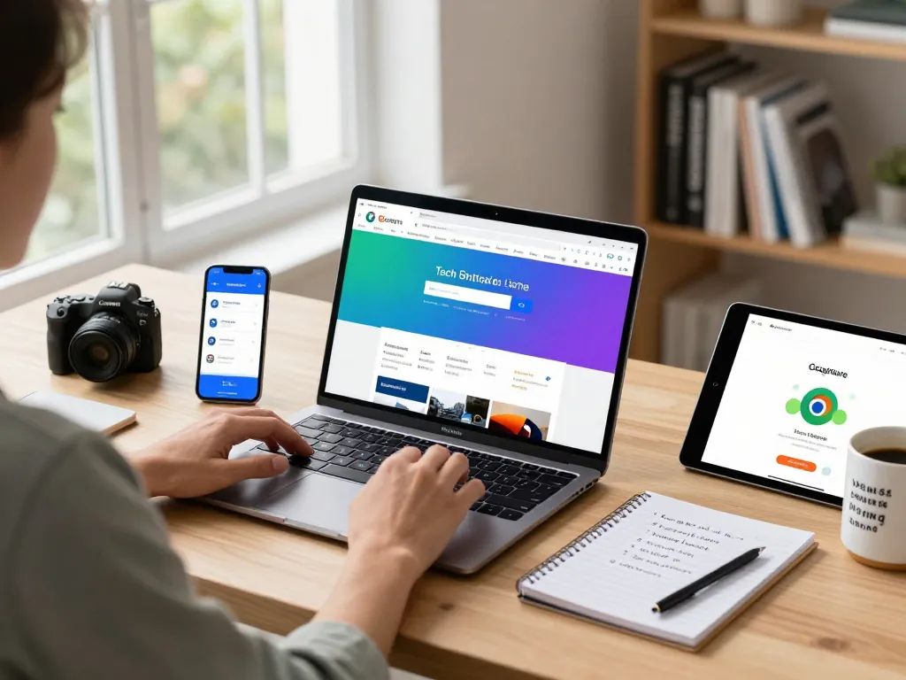Exploring谷歌浏览器 features in a bright home office with tech gadgets and a laptop.