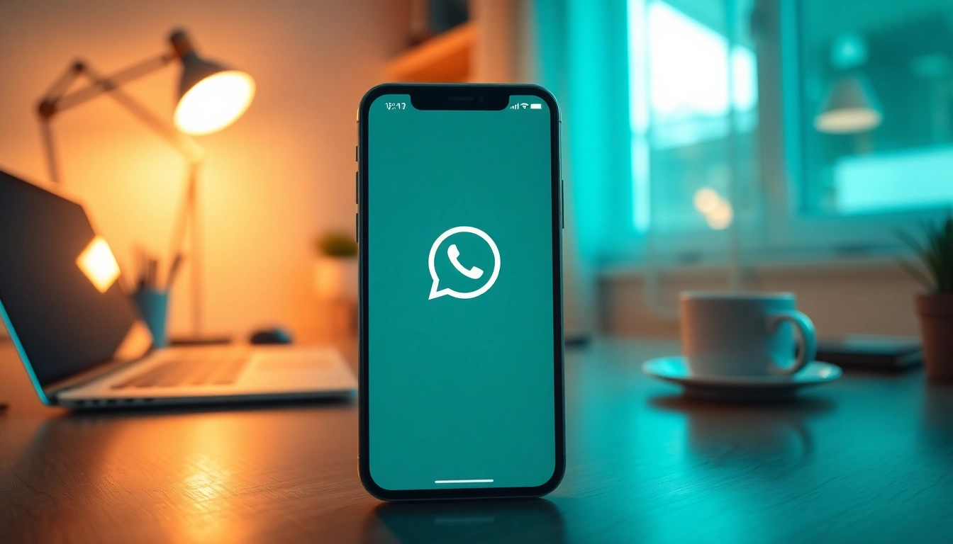 FM WhatsApp interface displayed on a smartphone in a tech-savvy workspace, highlighting its features.
