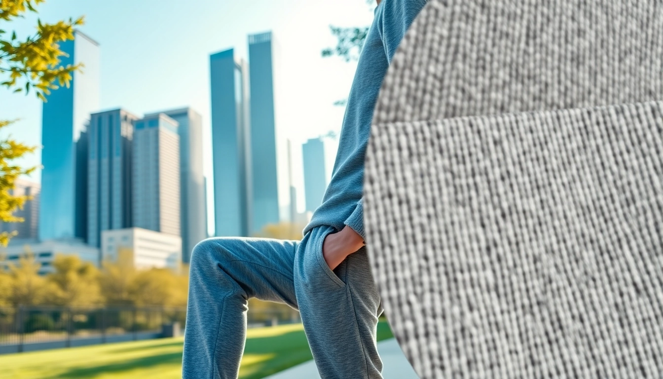 Model wearing french terry sweatpants in an urban park, highlighting texture and comfort.