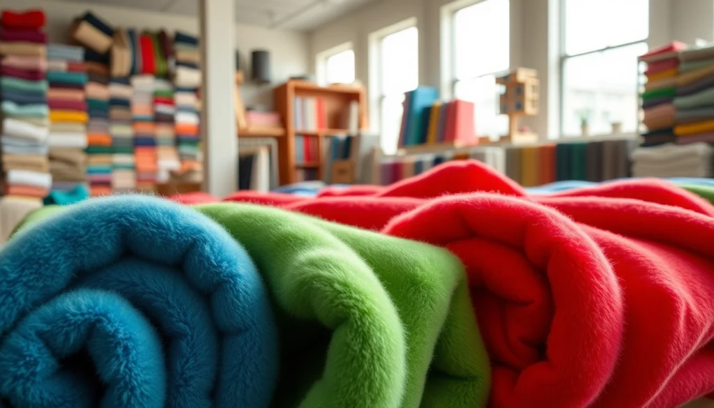Fleece stoffen in verschillende kleuren en texturen in een gezellig stoffenwinkel.