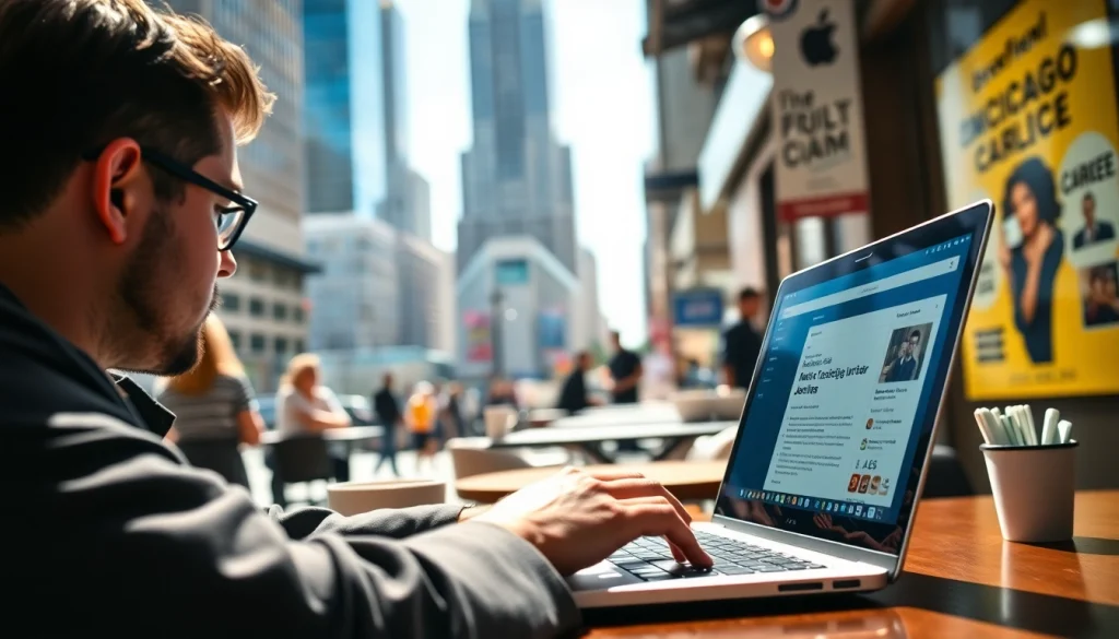 Look for Chicago jobs opportunities while working on a laptop in a coffee shop ambiance.