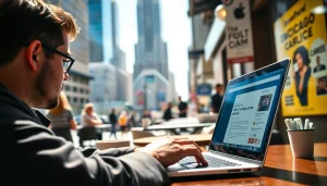 Look for Chicago jobs opportunities while working on a laptop in a coffee shop ambiance.