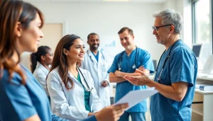 Health consultation between a healthcare professional and patient in a clinical environment.