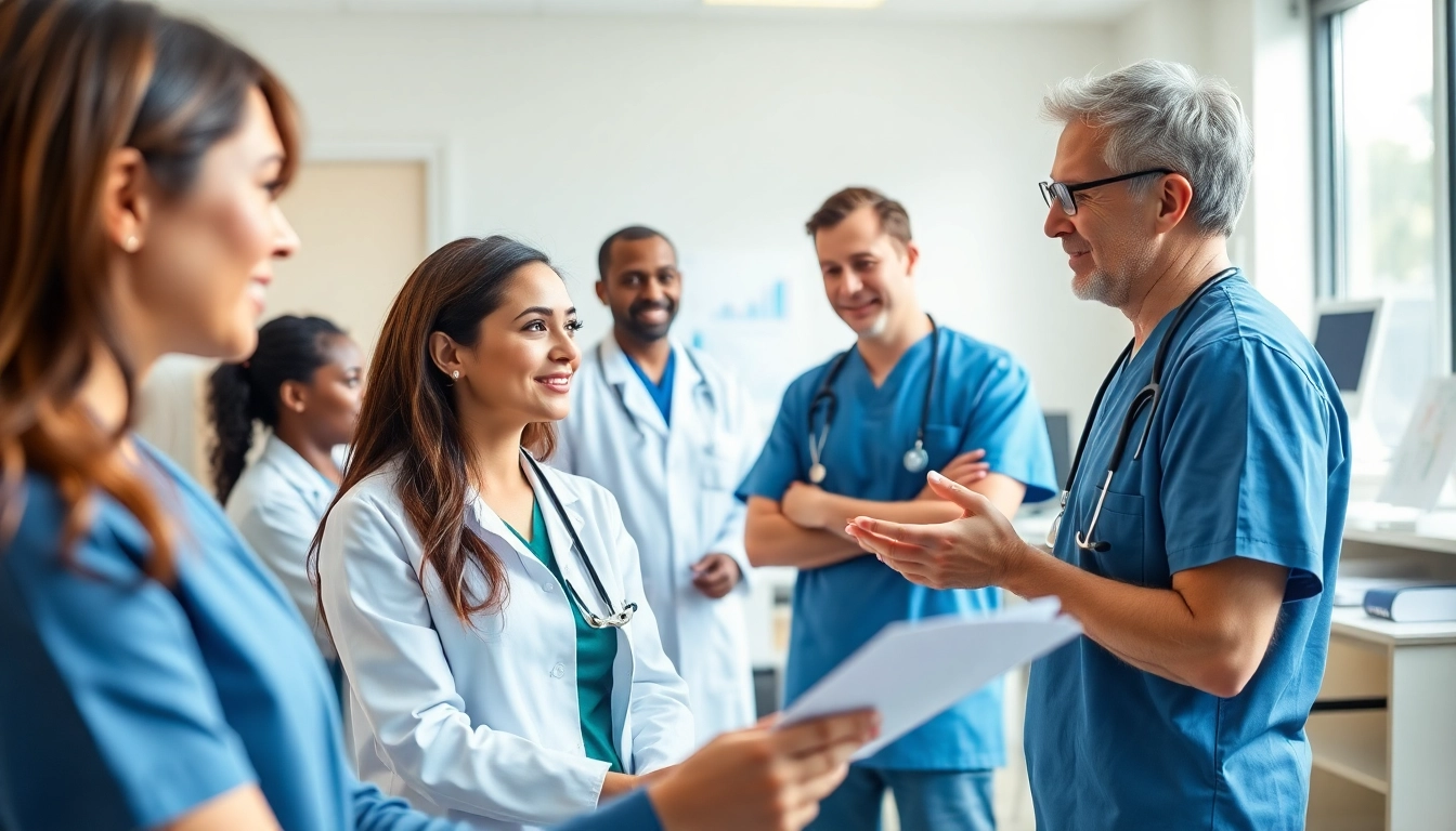 Health consultation between a healthcare professional and patient in a clinical environment.
