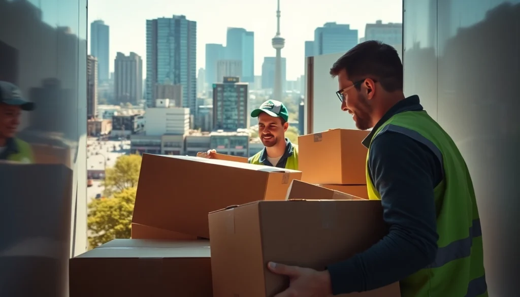 Toronto movers diligently packing a truck amidst the vibrant city backdrop.