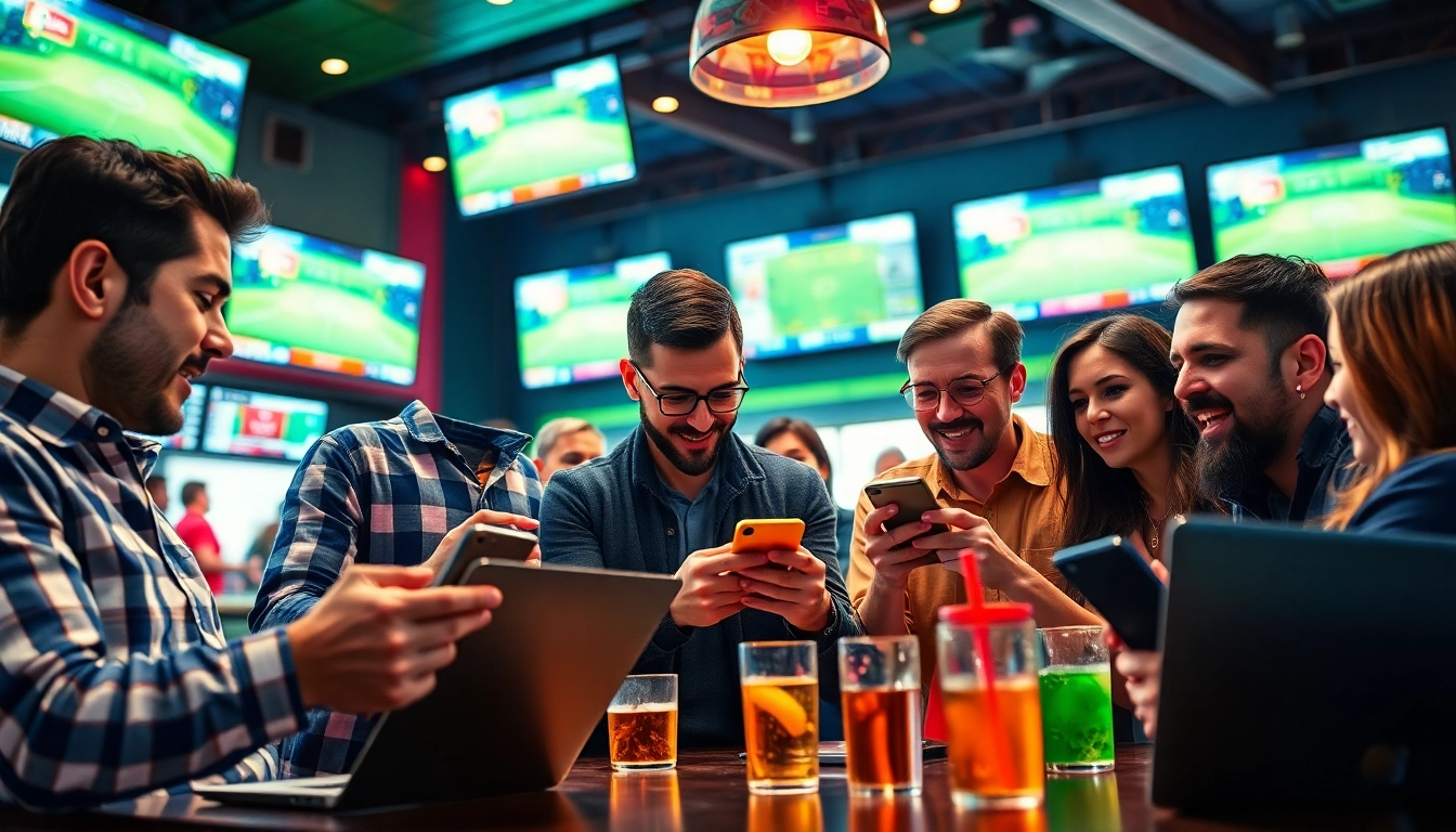 Excited group analyzing best sports betting sites India while enjoying live matches in a vibrant sports bar