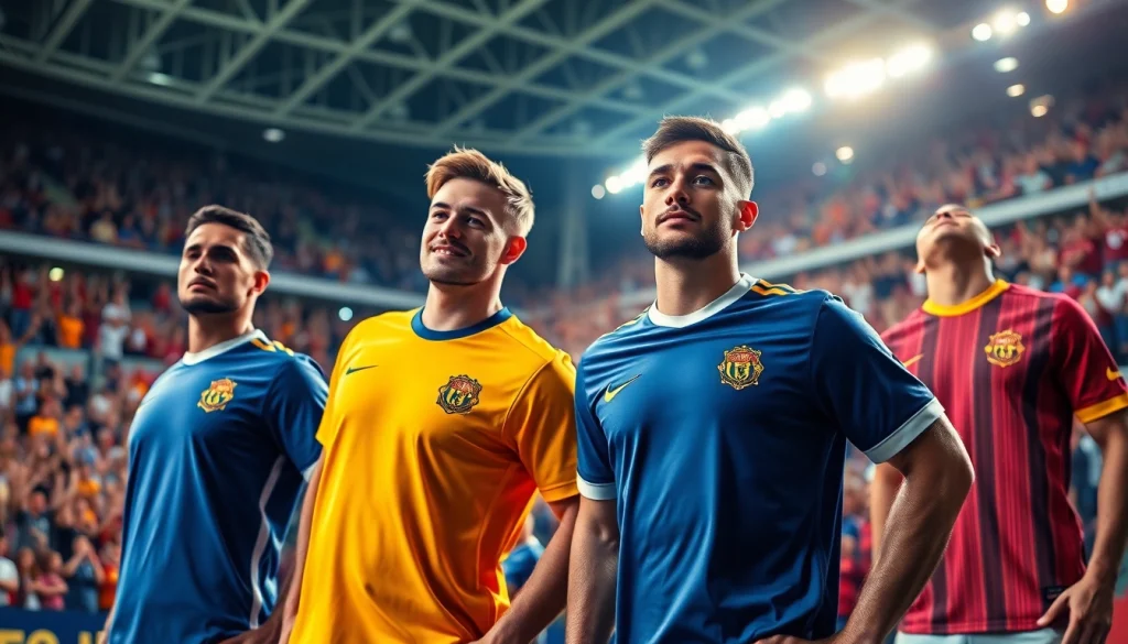 Promote discount football shirts in action during an exciting soccer match with energetic players and fans.