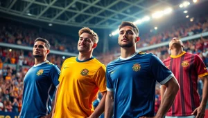 Promote discount football shirts in action during an exciting soccer match with energetic players and fans.