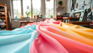Mousseline stof in een naaiatelier met kleurrijke texturen en sfeer.
