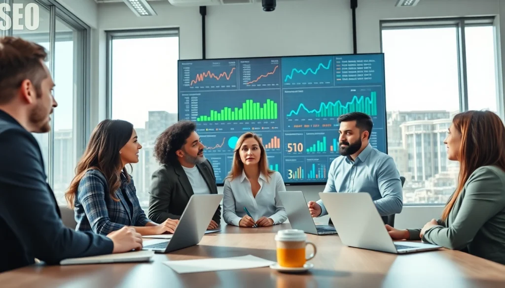 Team of a professional SEO company analyzing strategies with digital analytics displayed.