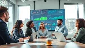 Team of a professional SEO company analyzing strategies with digital analytics displayed.