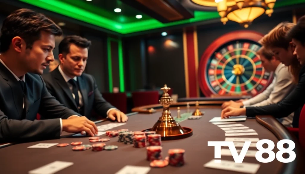 TV88 casino players engage at a vibrant gambling table with poker chips and cards.