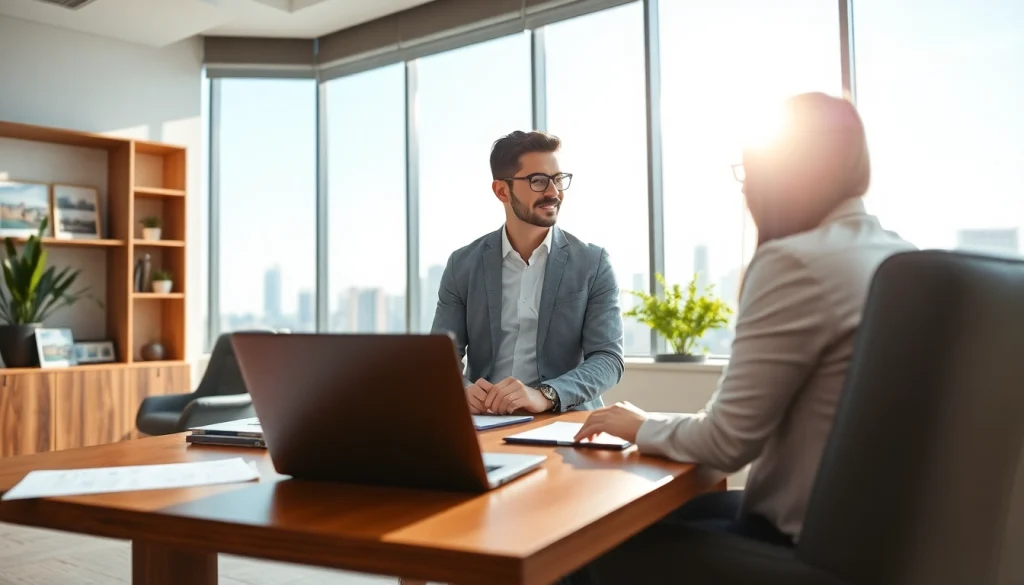 Real Estate agent assisting clients in a bright office with city views.