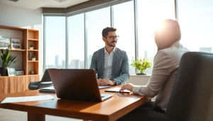 Real Estate agent assisting clients in a bright office with city views.