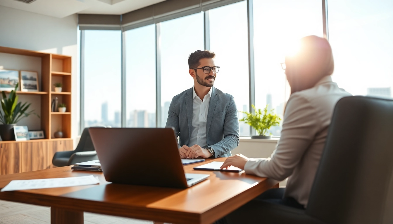 Real Estate agent assisting clients in a bright office with city views.