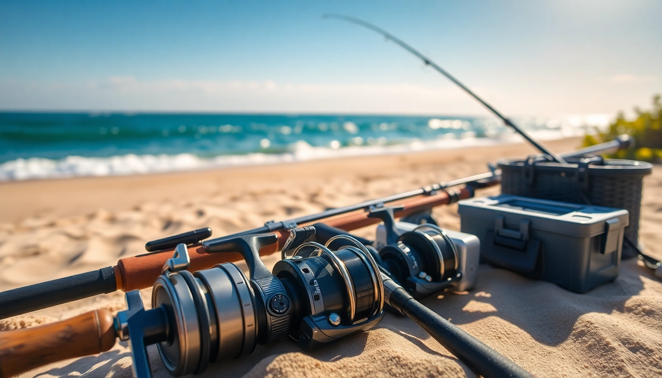 Showcasing fishing gear for Cabo arranged on the beach, highlighting the tools and vibrant setting.