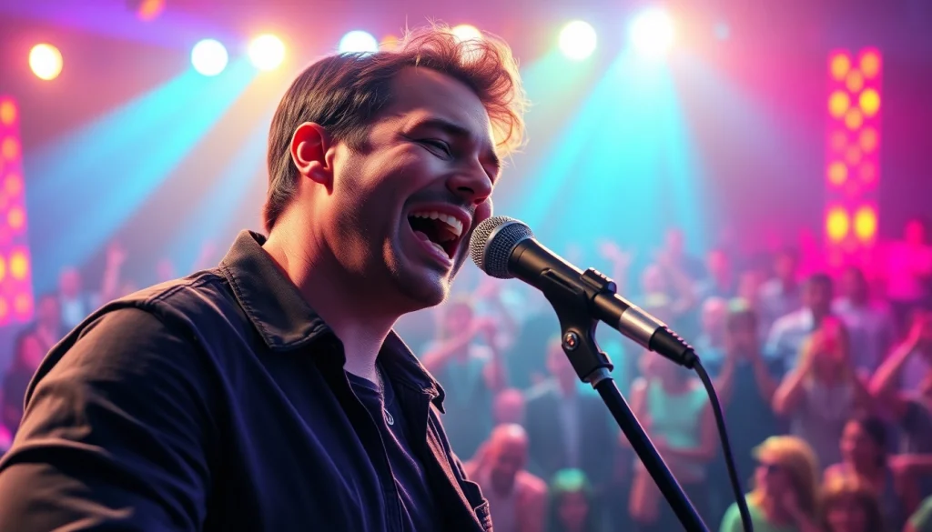 Musician using the MV88 microphone during a vibrant live performance.