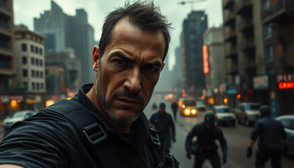 Bayside Boom captures an action-packed scene with a determined hero against a chaotic cityscape.